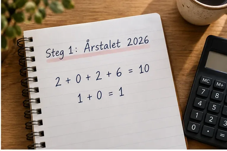 Anteckningsbok med uträkningen 2 plus 0 plus 2 plus 6 är 10 och 1 plus 0 är 1 för år 2026