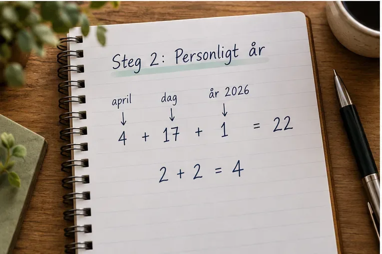 Anteckningsbok med svensk uträkning av personligt år: april 4 plus dag 17 plus årstal 1 är 22 och 2 plus 2 är 4