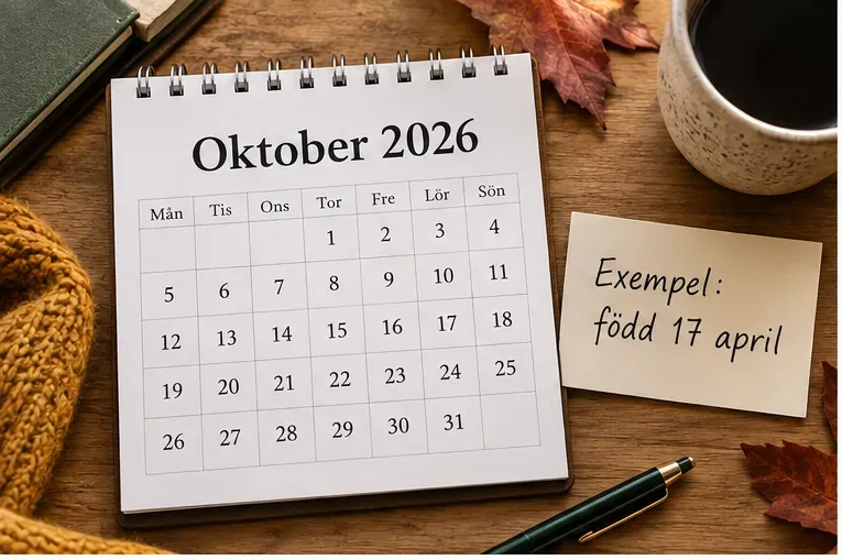 Svensk kalender för oktober 2026 bredvid en lapp med exemplet född 17 april på ett höstligt skrivbord