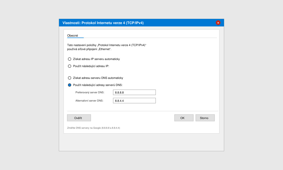 Okno vlastností TCP/IPv4 s nastavenými DNS servery Google