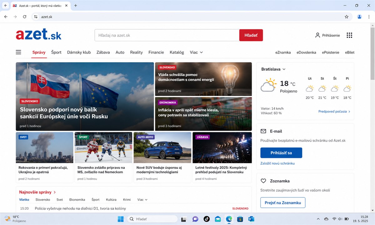 Hlavná stránka Azet.sk s odkazom na mail