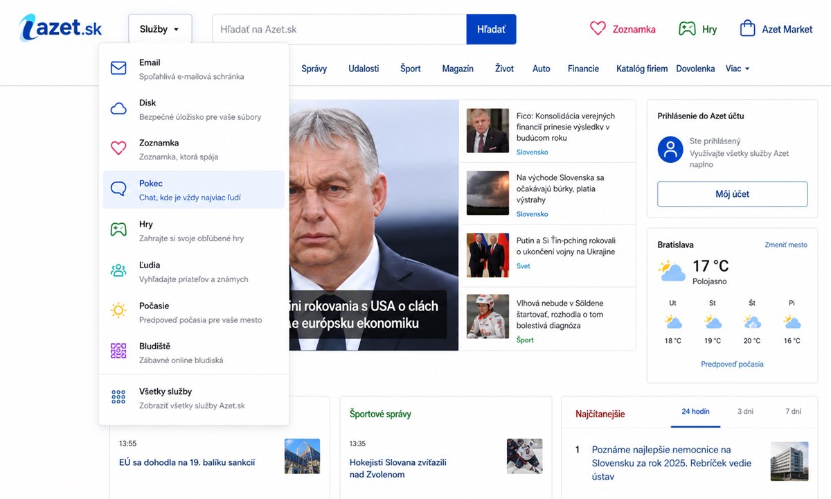 Kliknutie na Pokec chat v menu Azet.sk