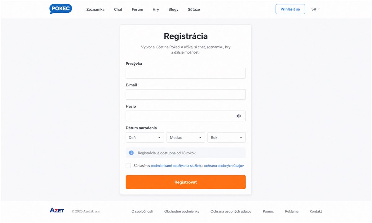Registrácia nového účtu na Pokec.sk