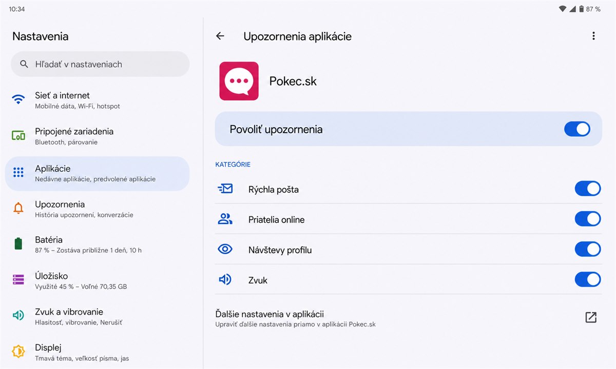 Nastavenia notifikácií v Pokec aplikácii