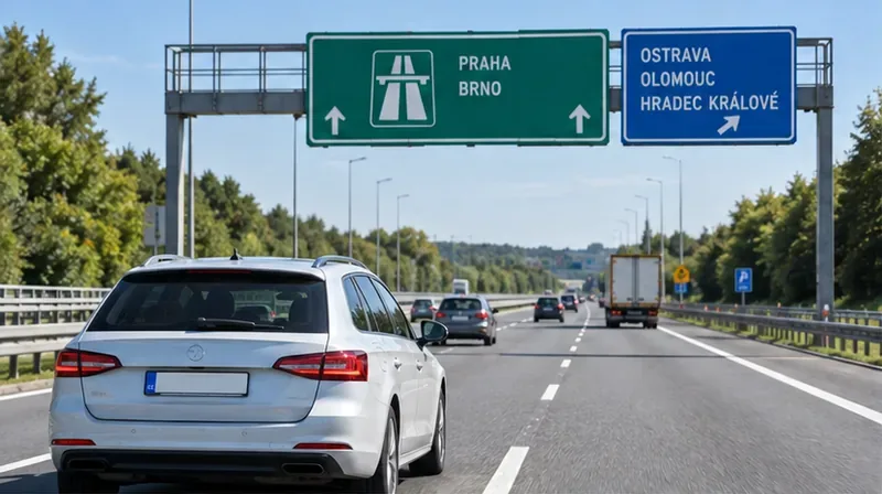 Osobní auto jede po české dálnici pod směrovými tabulemi na Prahu a Brno.