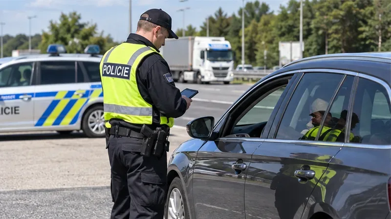 Policista v reflexní vestě kontroluje řidiče odstaveného osobního auta u dálnice.