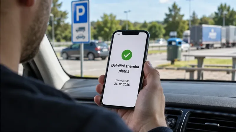 Řidič na odpočívce drží telefon s potvrzením, že dálniční známka je platná do konce roku 2026.