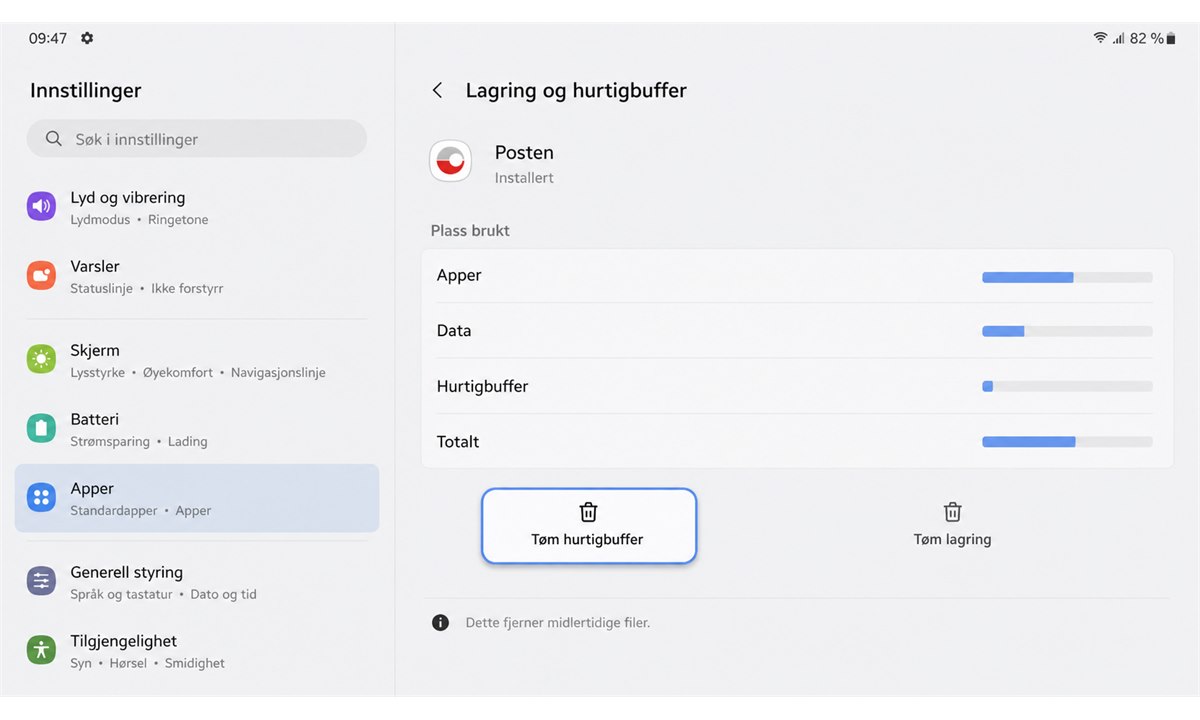 Android innstillinger for å tømme Posten app cache
