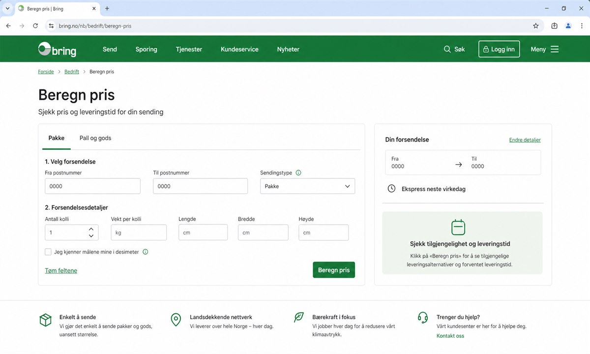 MyBring-portalen med prisberegning for Nattekspress mellom to postnumre