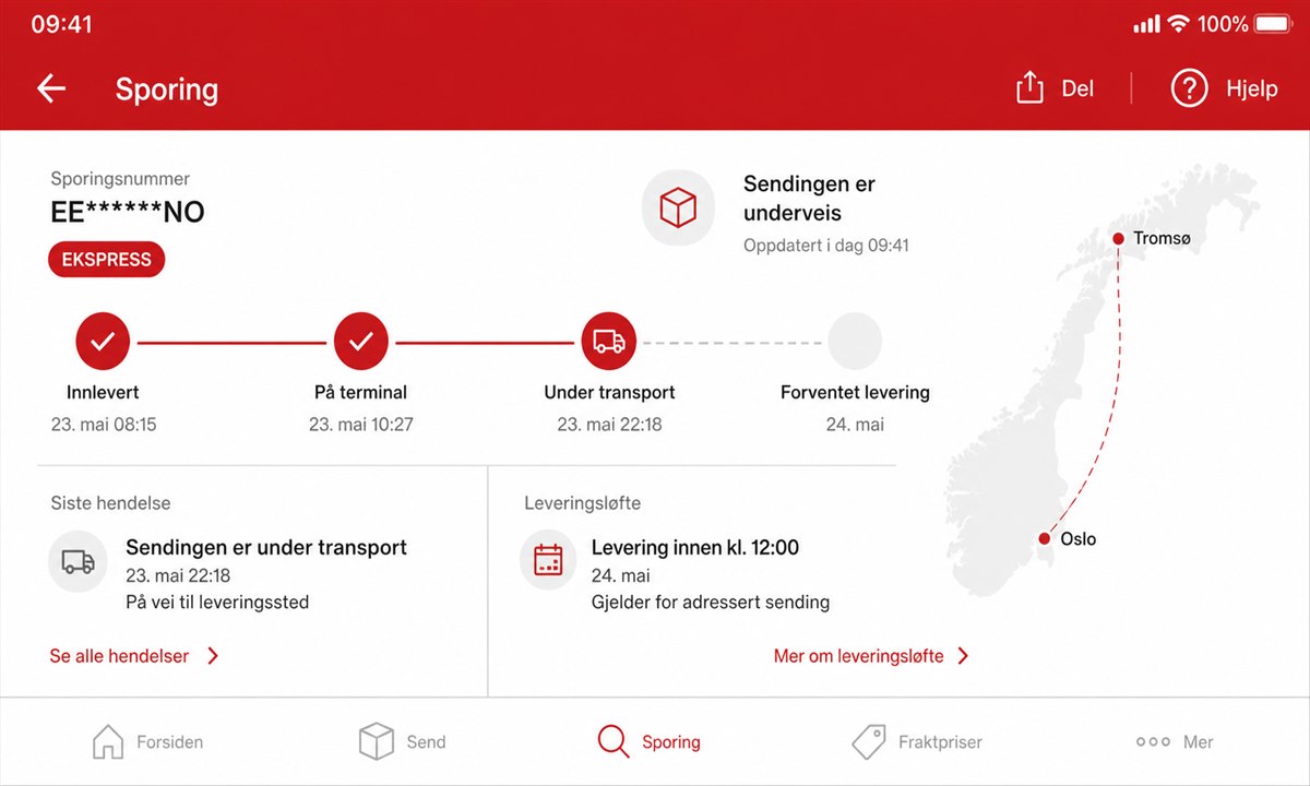 Posten-appens sporingsvisning med pakkens reise markert på kart