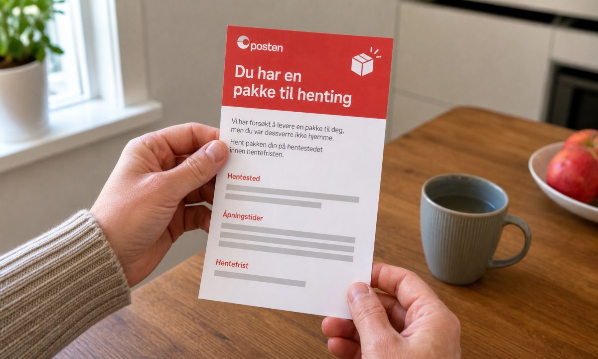 Varsellapp fra Posten med hentested og frist