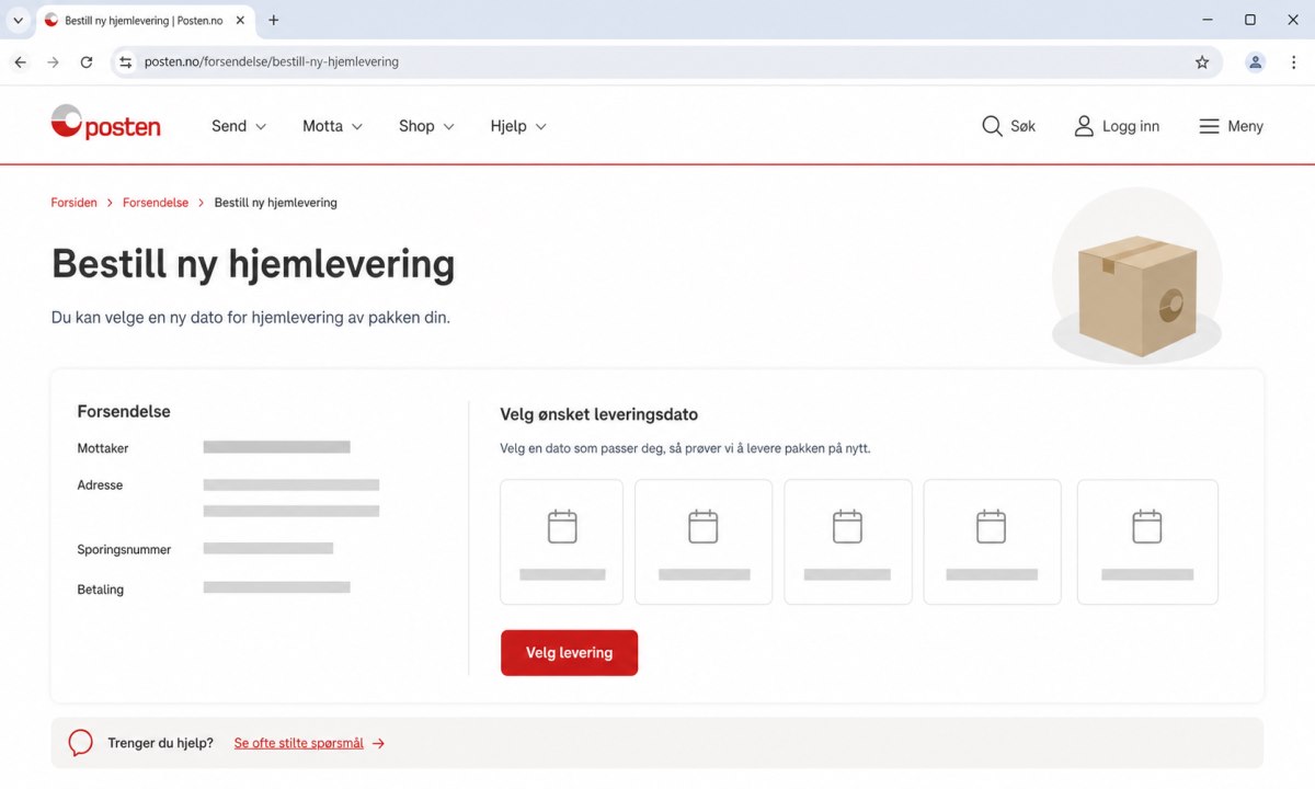 Bestilling av nytt leveringsforsøk på Posten.no
