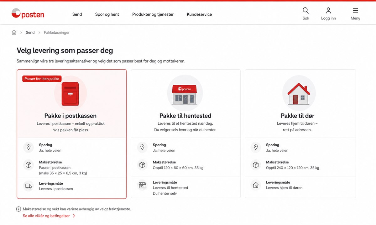 Sammenligning av Postens pakketjenester på skjerm