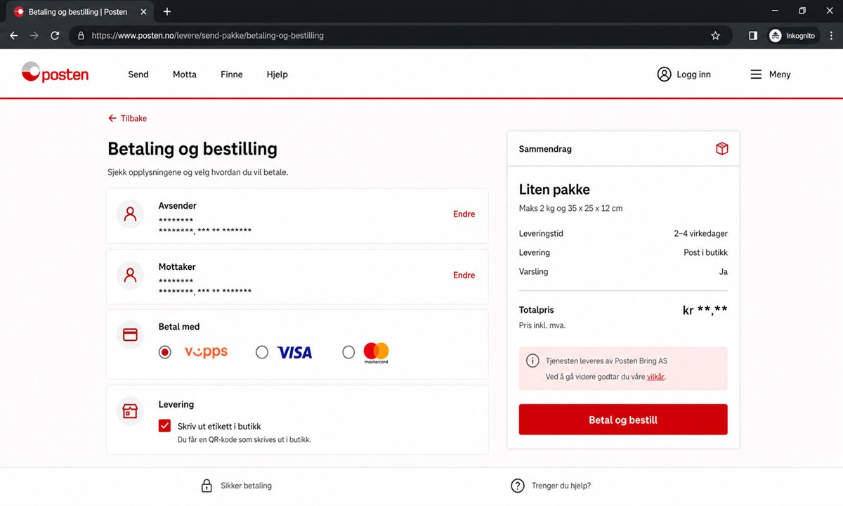 Bestille liten pakke digitalt på posten.no og betale med Vipps