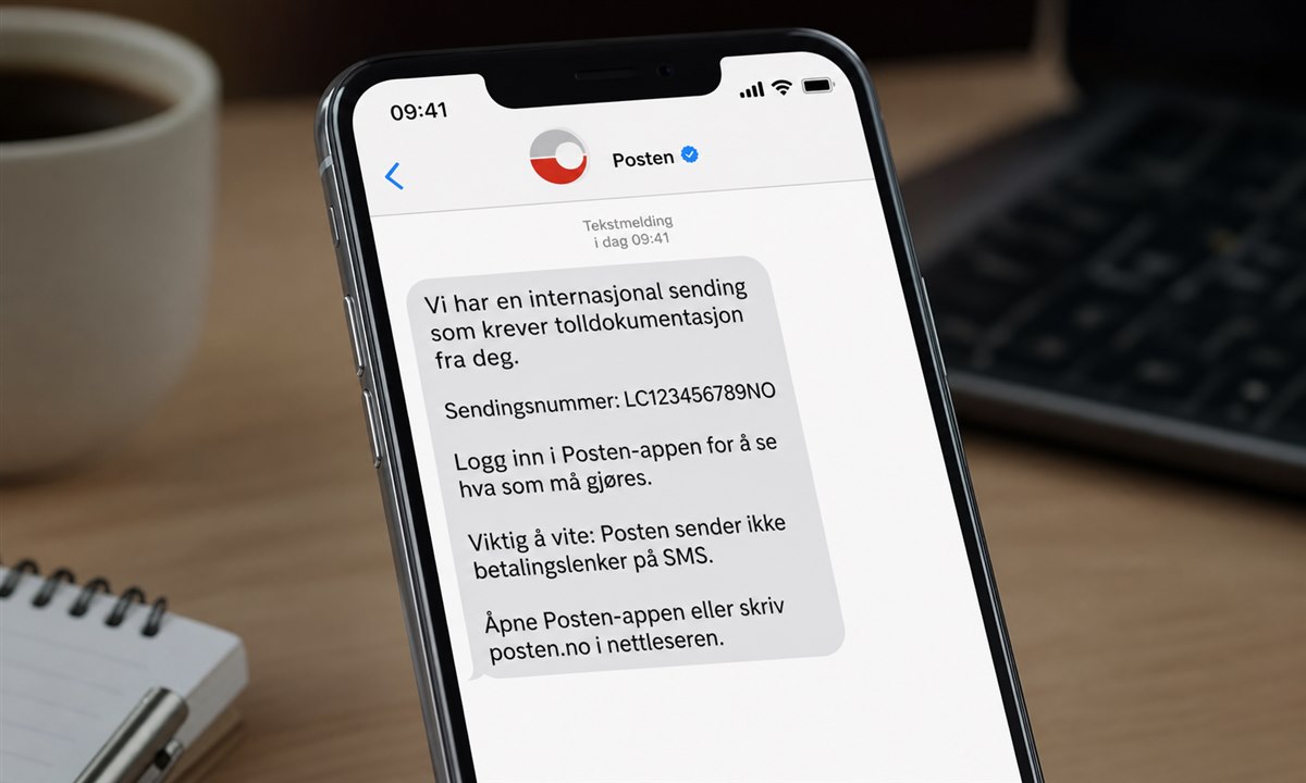 SMS-varsel fra Posten om pakke til fortolling