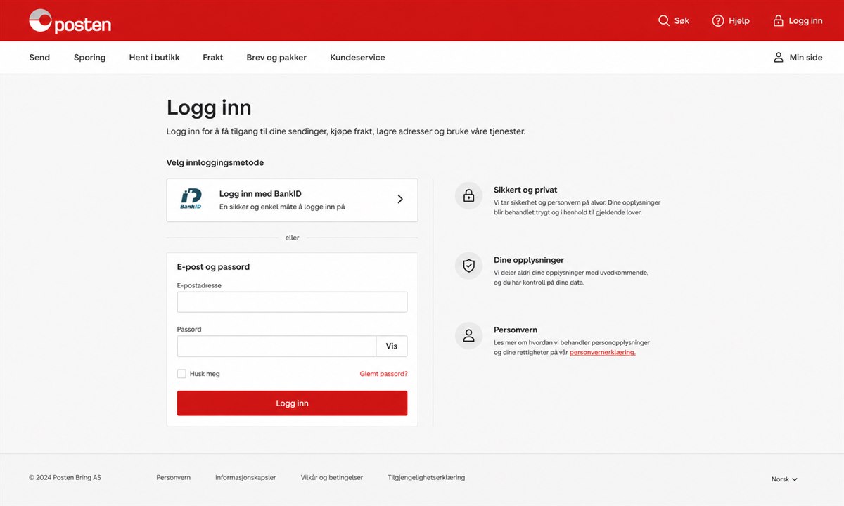 Innloggingsskjerm på Posten.no med BankID-alternativ