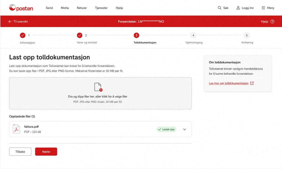 Opplasting av faktura som tolldokument på Posten.no