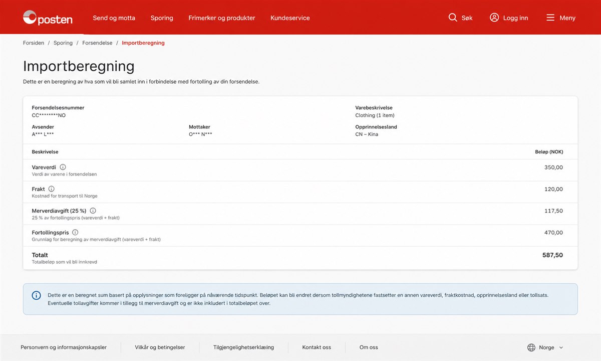 Oversikt over beregnet toll og mva på Posten.no