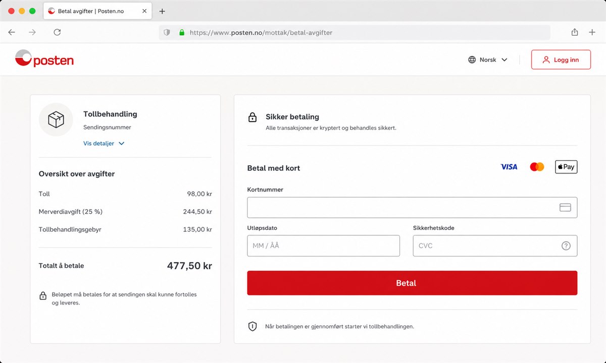 Betalingsskjerm for toll og mva på Posten.no