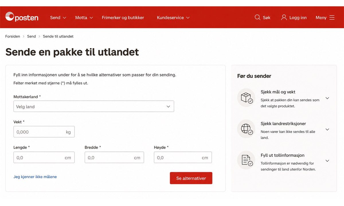 Priskalkulator på posten.no for internasjonal frakt