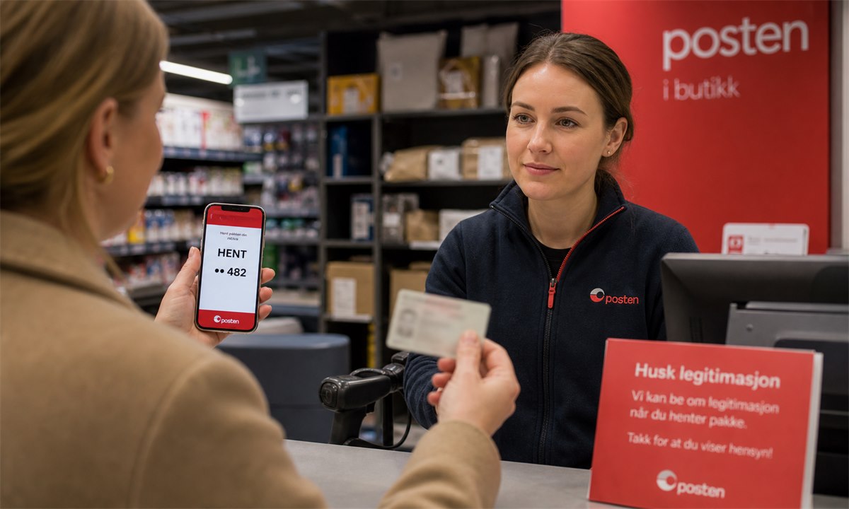 Person som viser hentekode på mobil og legitimasjon i butikk