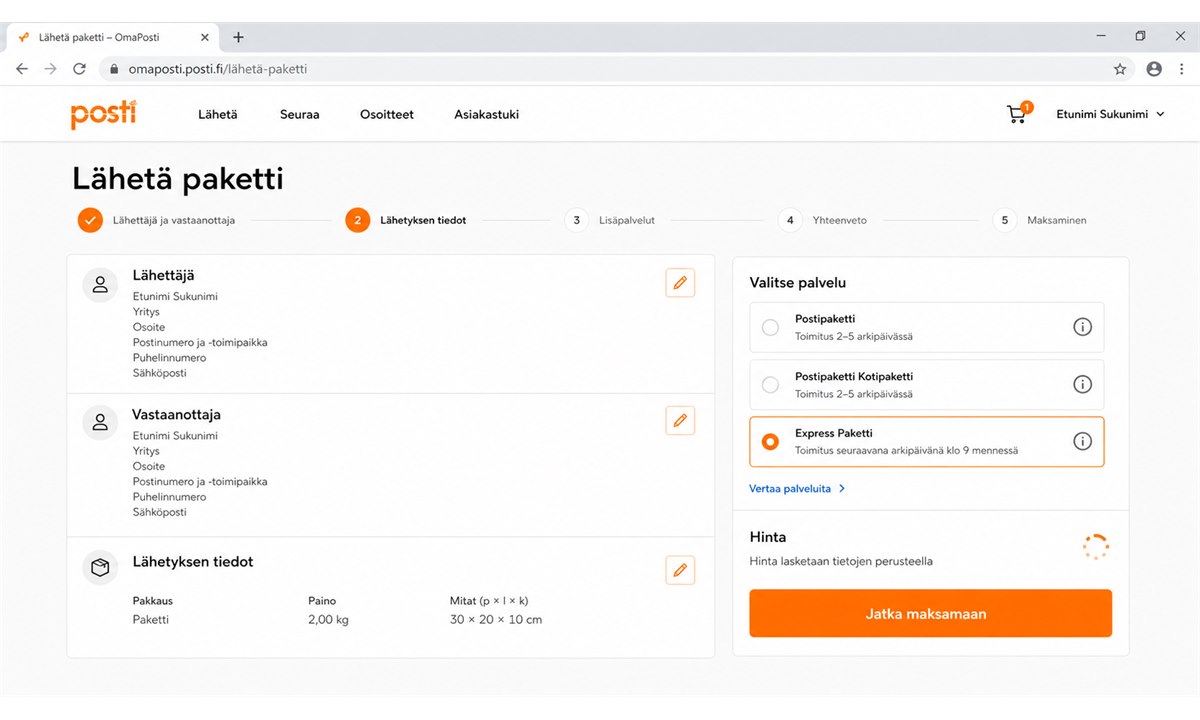 Oma Posti -palvelu verkkosivuilla pakettitilaus