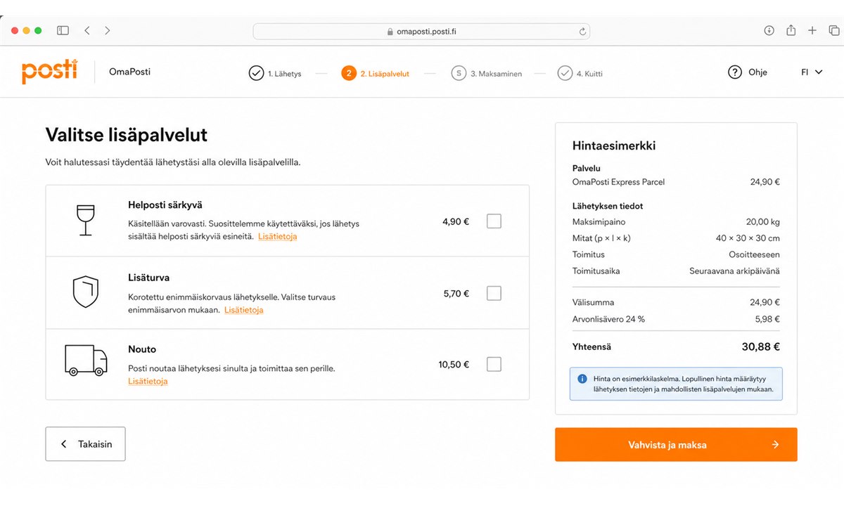 Express Paketti lisäpalvelut ja hintojen valinta