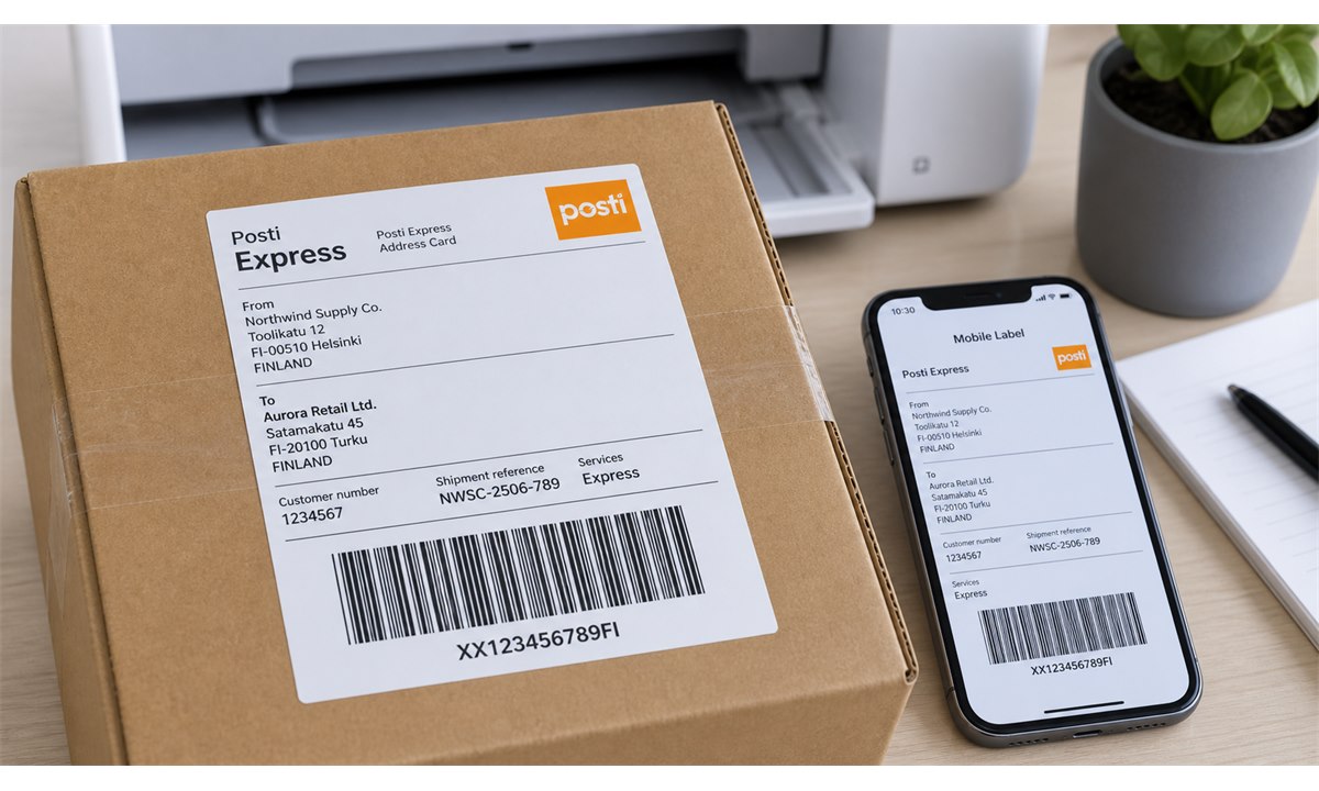 Posti Express osoitekortti tulostettu pakettiin