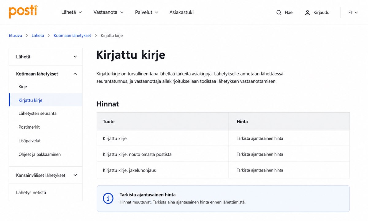 Posti kirjattu kirje hinnasto verkkosivulla