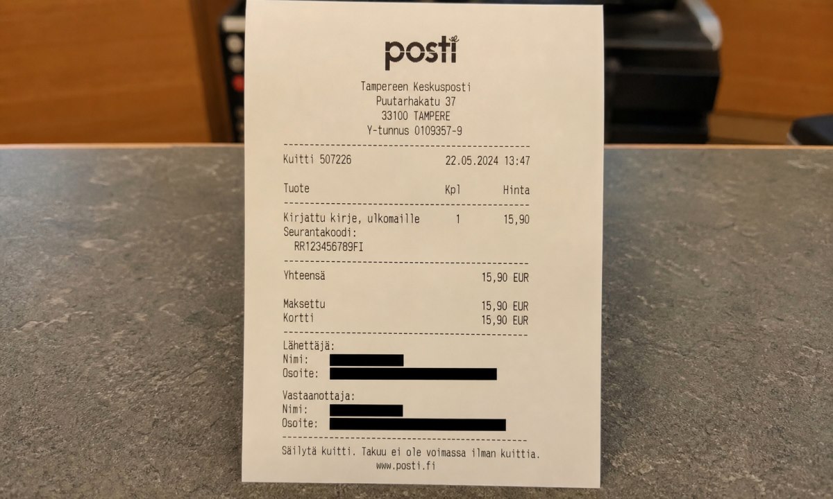 Postin kuitti seurantanumerolla