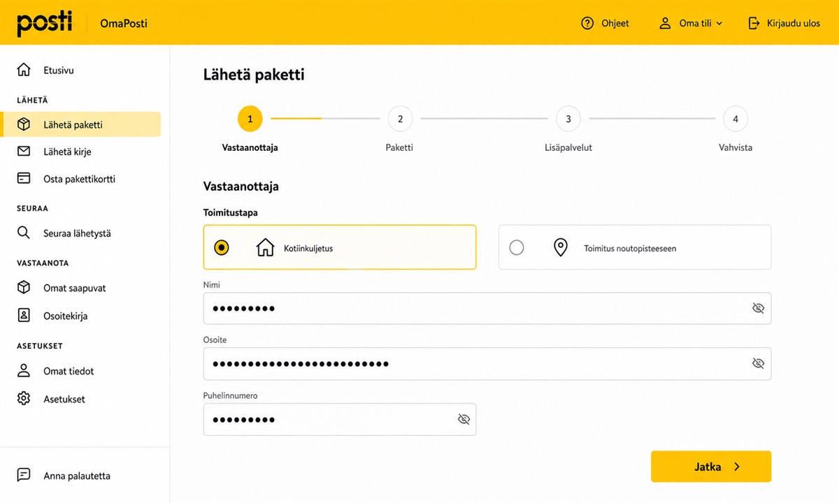 OmaPosti lähetä paketti kotiinkuljetus valinta