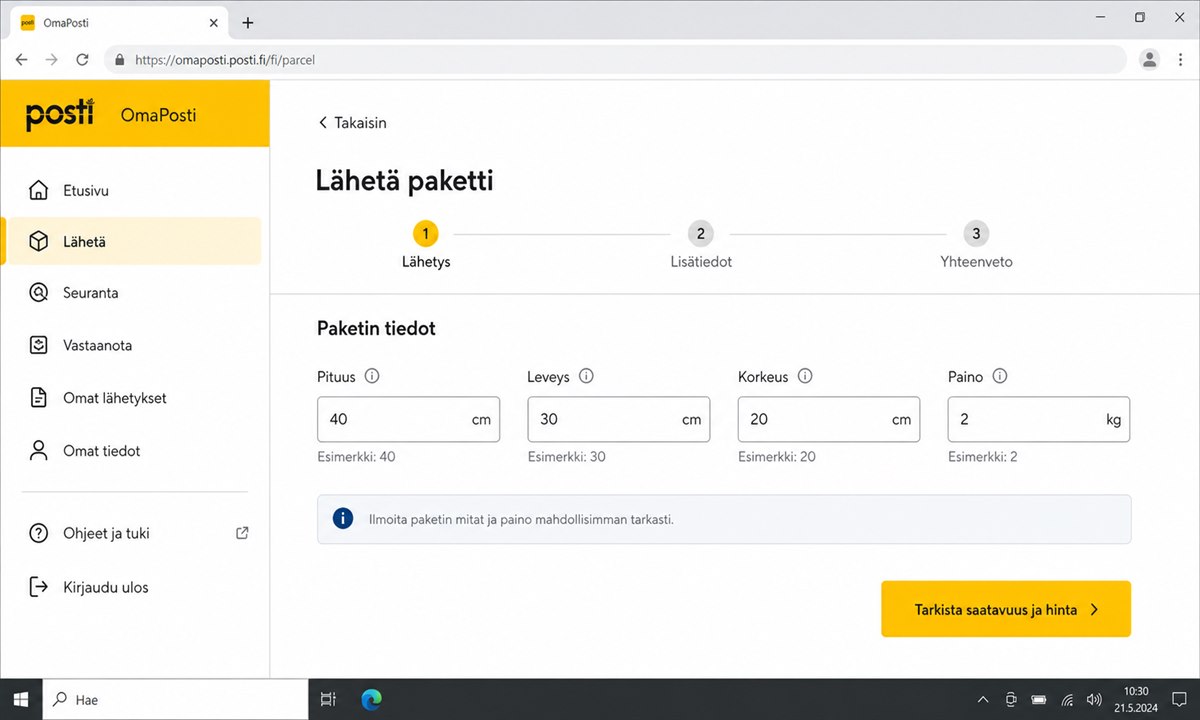 Pakettimittojen syöttölomake OmaPostissa