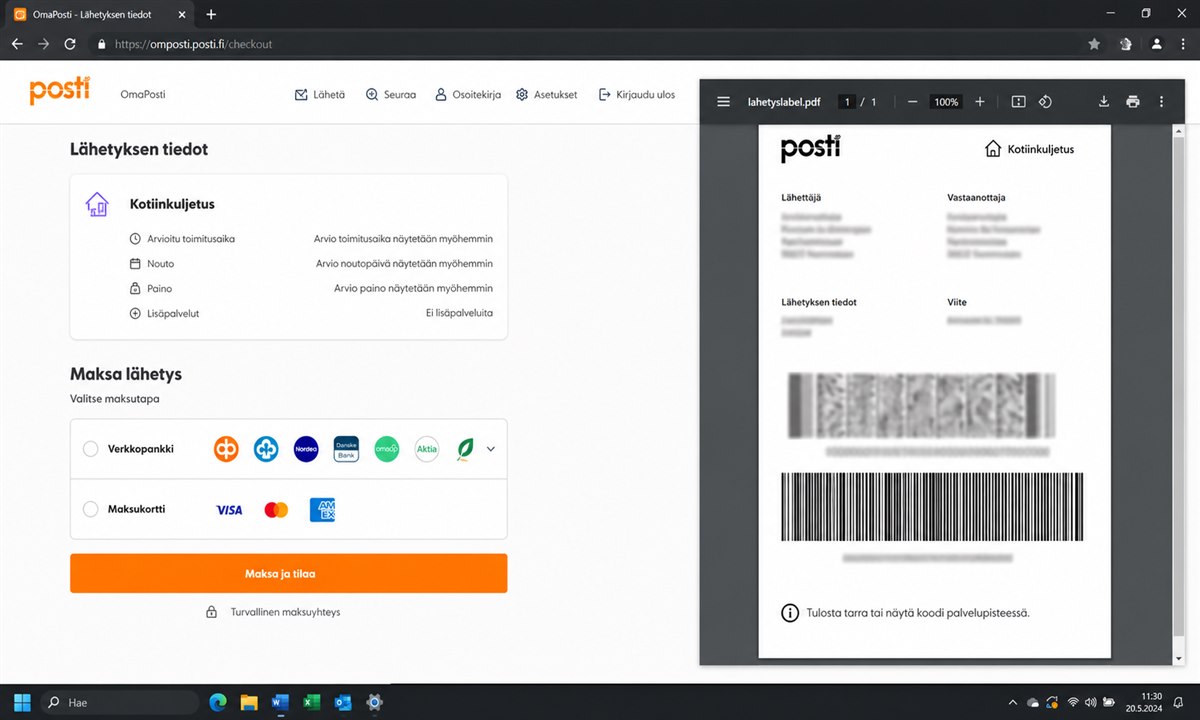 Lähetystarra PDF-tuloste kotiinkuljetuspakettiin