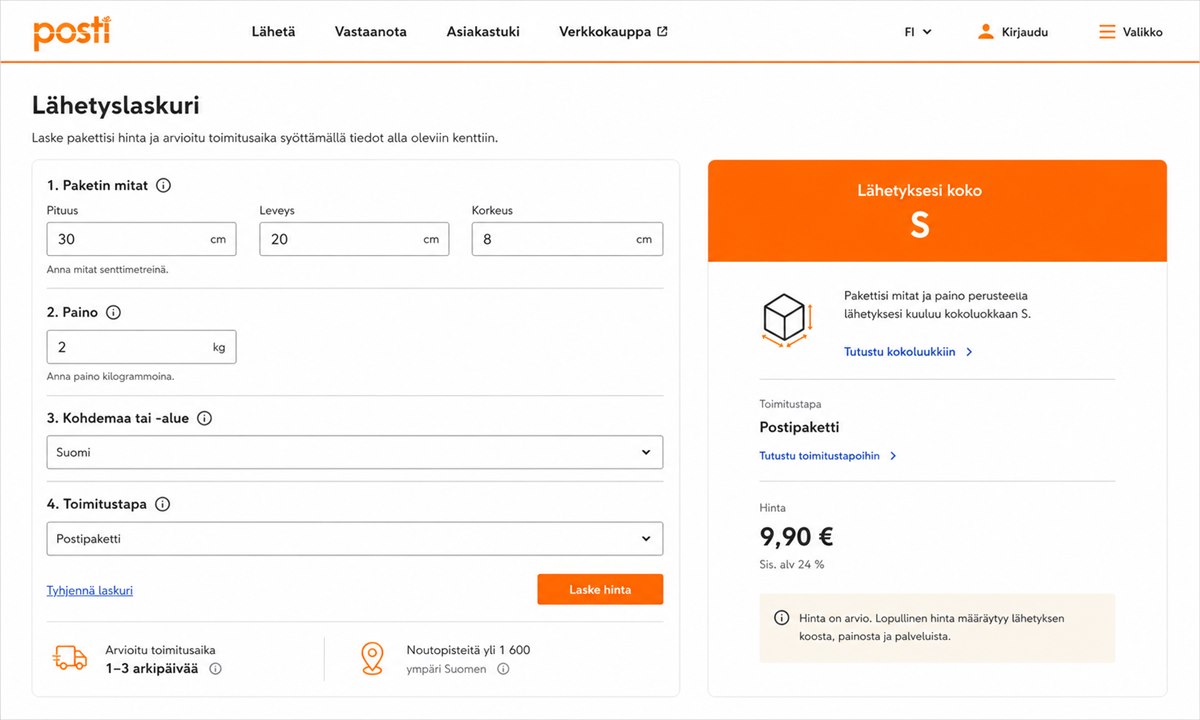 Postin hintolaskuri paketin lähetykseen