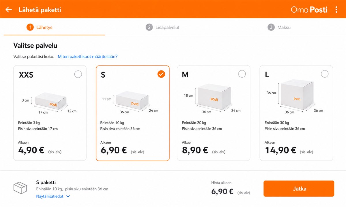 OmaPosti palvelunvalintasivu paketin lähetykseen