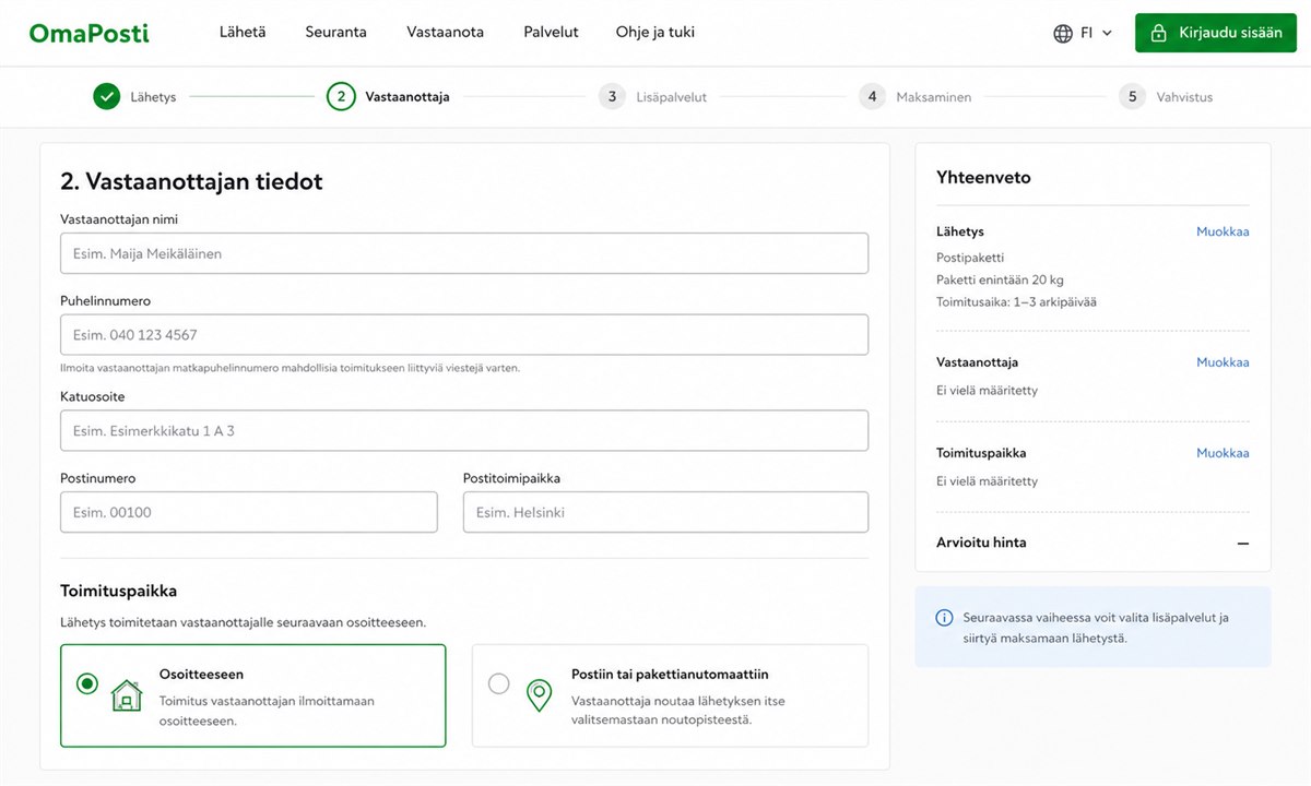 Vastaanottajan tietojen täyttölomake OmaPostissa