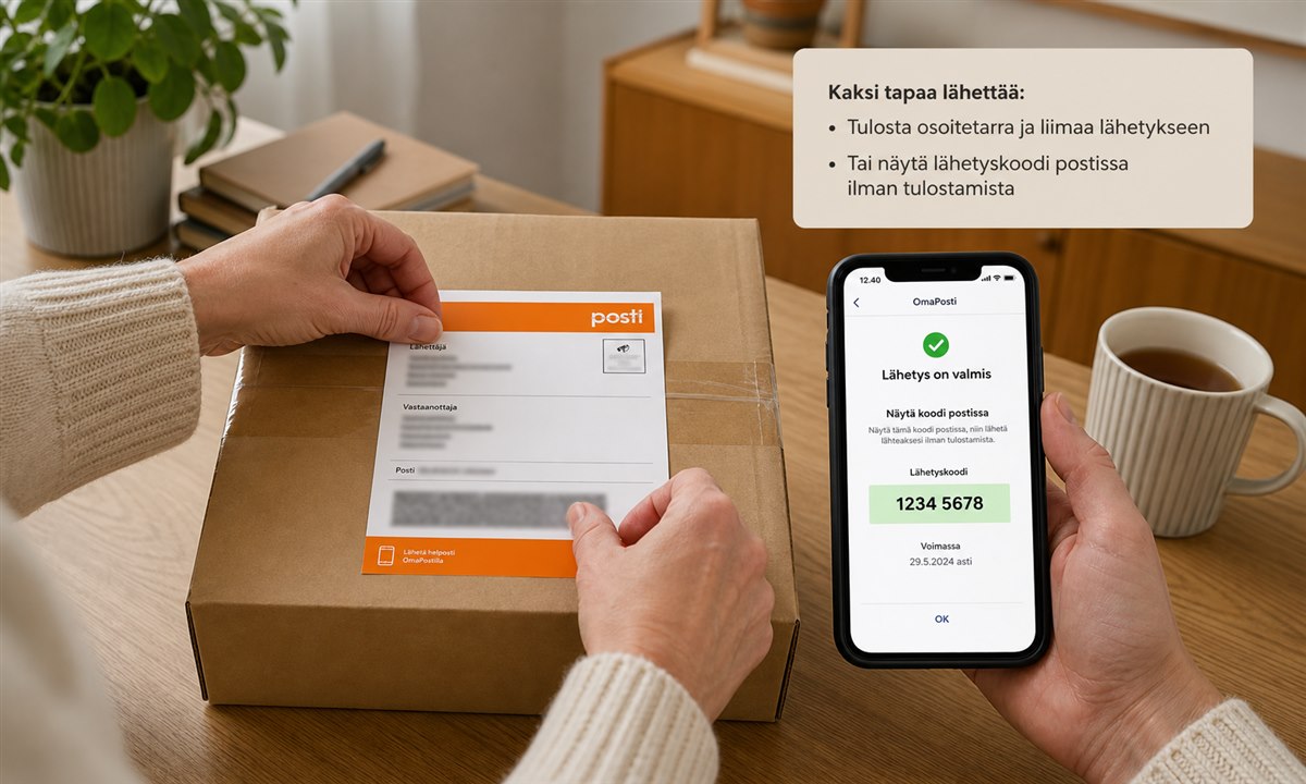 Posti paketin lähetystarran kiinnittäminen pakettiin