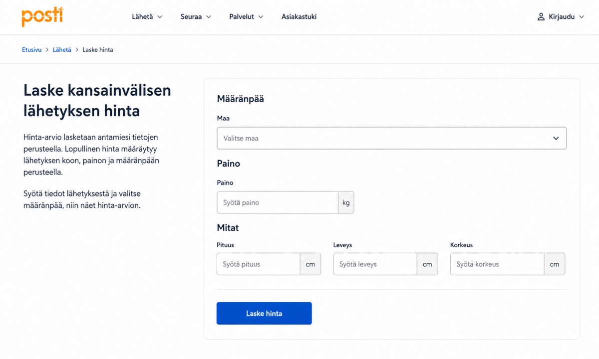 Posti.fi hintoja laskeva työkalu kansainvälisille paketeille