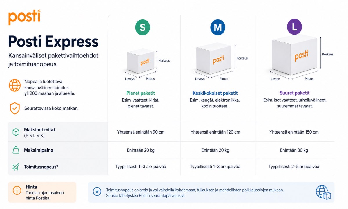 Posti Express ulkomaille pakettikoot ja hinnat vertailu