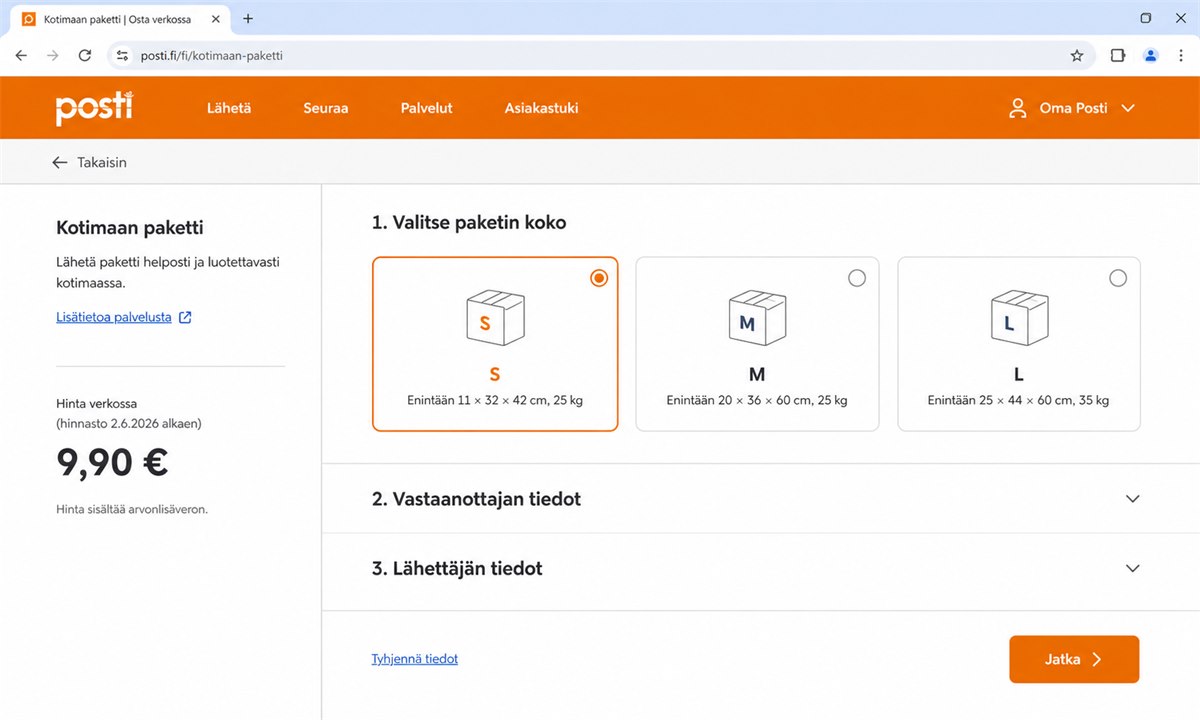 Posti S-paketin tilaaminen posti.fi-verkkosivustolla
