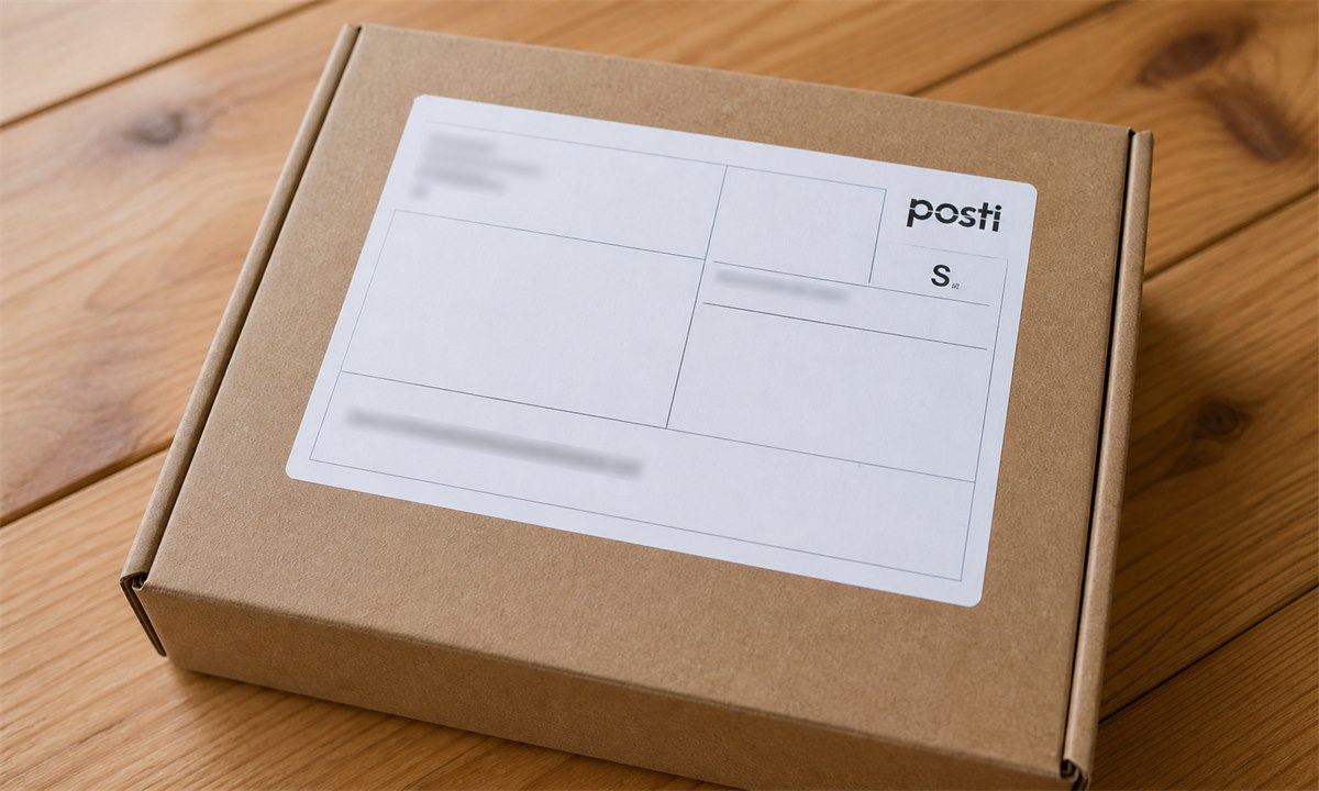 Lähetystarra kiinnitettynä S-kokoisen paketin sivulle