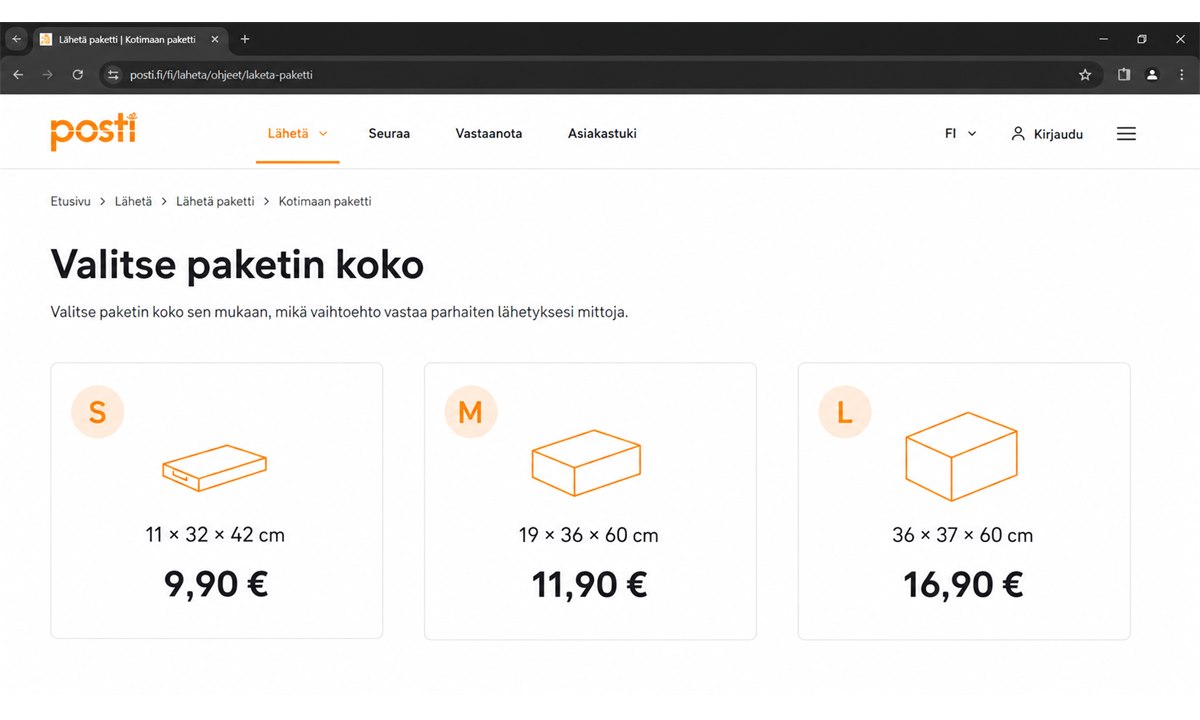 Posti.fi pakettikoot ja hinnat S M L vertailu