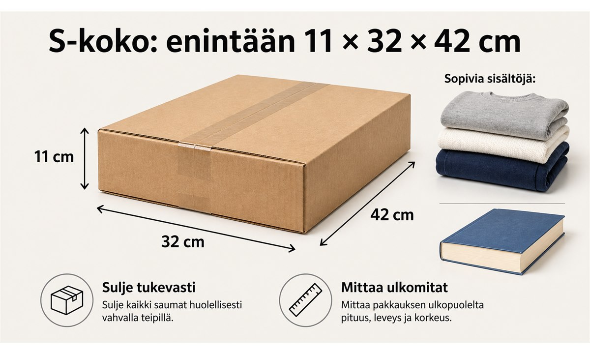 S-koon paketin pakkausohjeet mitat ja vaatimukset