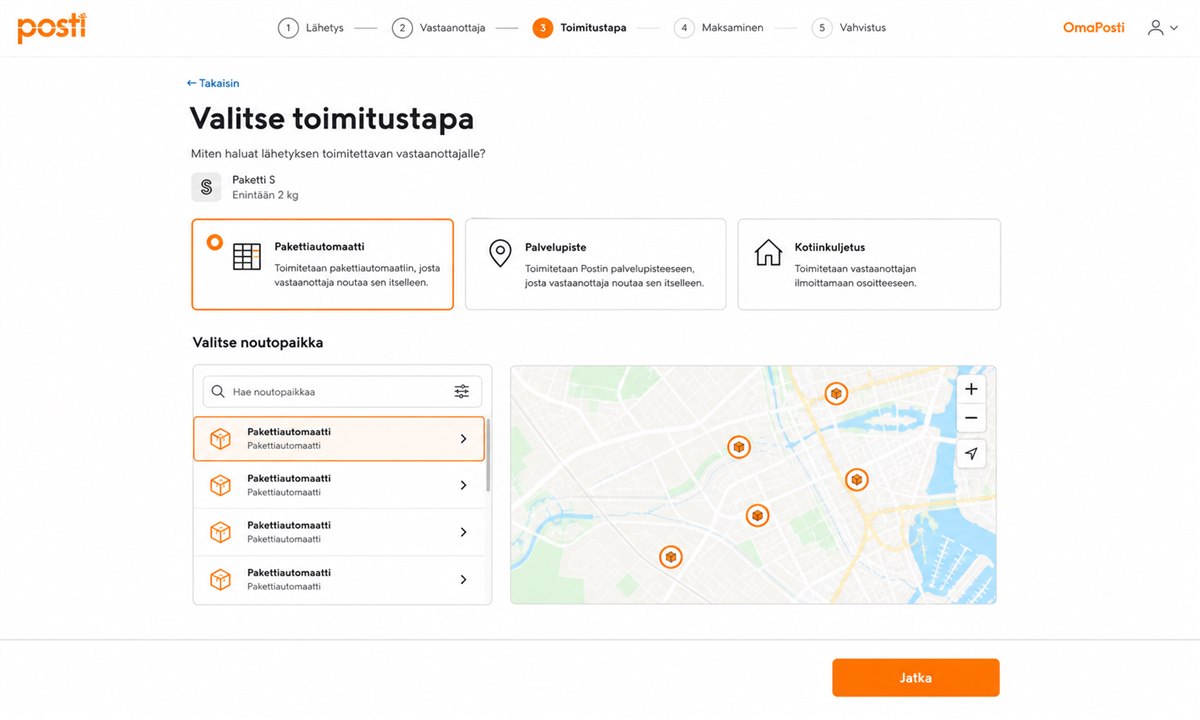 Toimitustavan valinta S-pakettia tilatessa – automaatti, noutopiste tai kotiinkuljetus