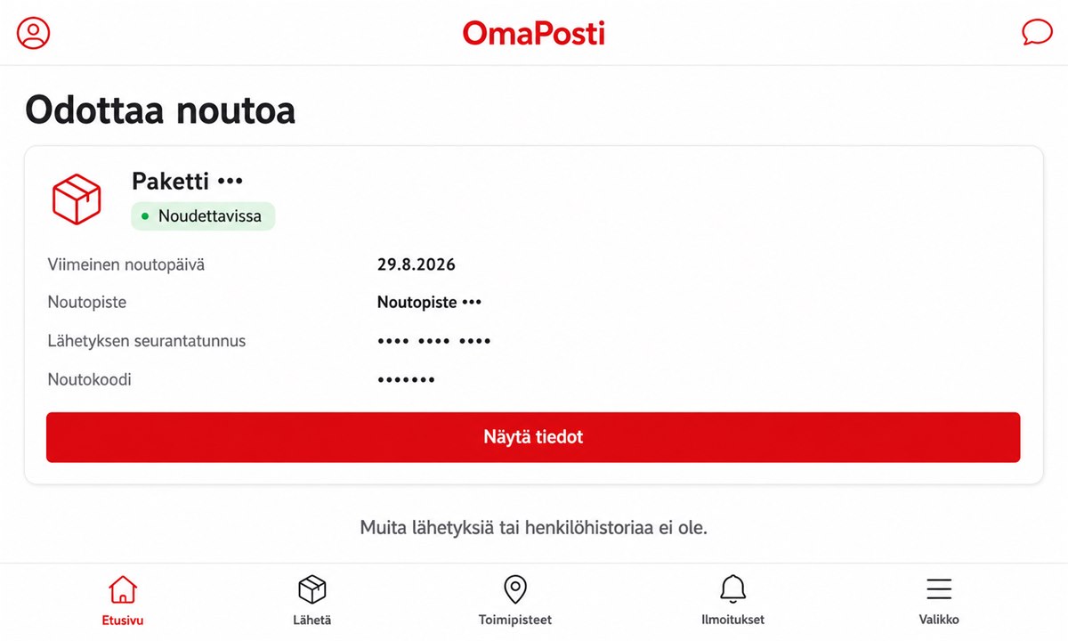 OmaPosti etusivu, paketti odottaa noutoa -osio korostettuna