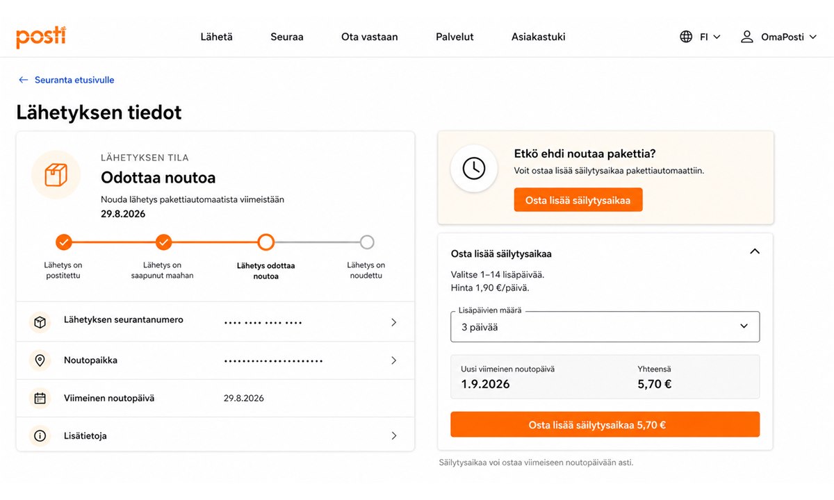 OmaPosti-sovelluksessa säilytysajan pidennys -painike