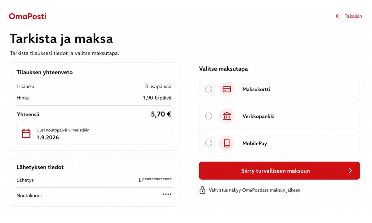 Verkkopankkimaksu OmaPosti-palvelussa säilytysajan pidennystä varten