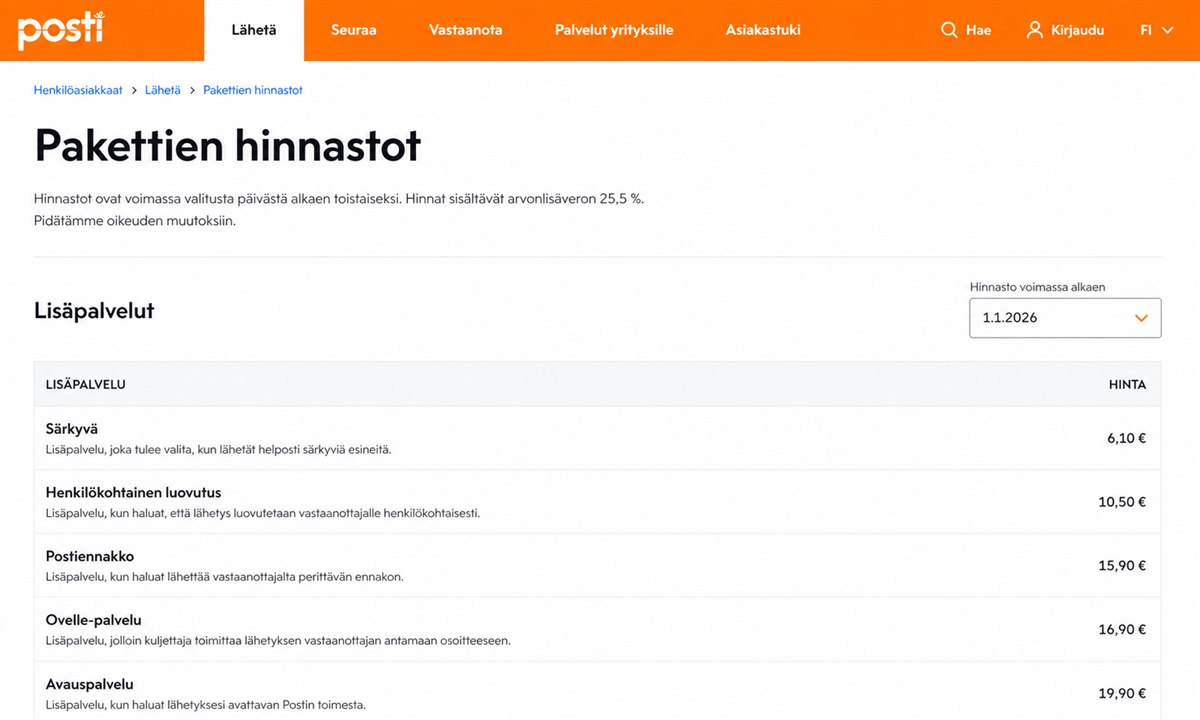 Postin hinnasto verkkosivulla särkyvä-lisäpalvelun hinta