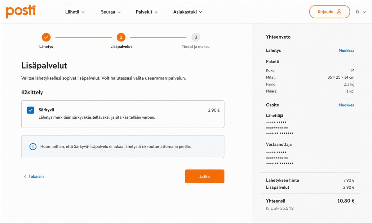 Särkyvä-lisäpalvelun valinta posti.fi-tilauslomakkeella