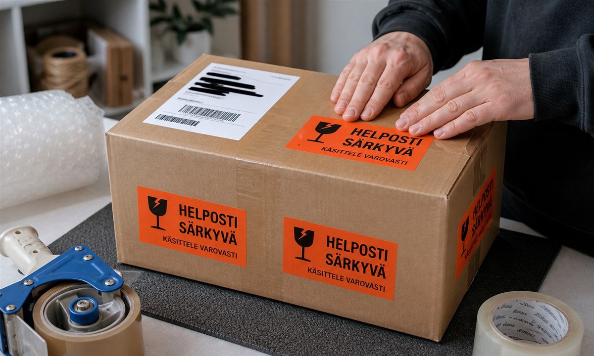 Särkyvä-tarra kiinnitettynä paketin sivuille usealle pinnalle